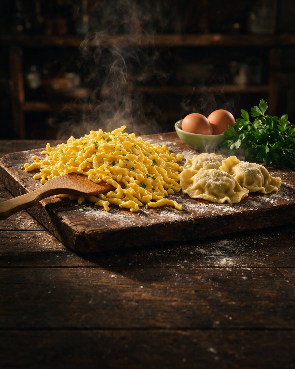Handgeschabte Spätzle und hausgemachte Maultaschen auf dem Holzbrett