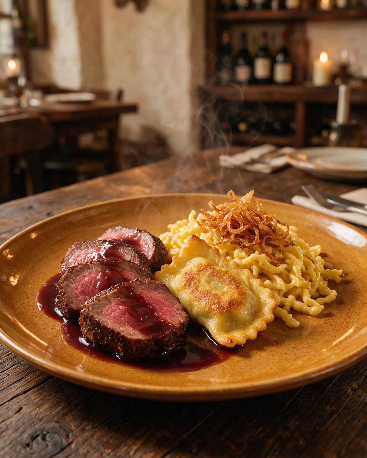 Rostbraten mit Maultasche, Lemberger-Jus und handgeschabten Spätzle
