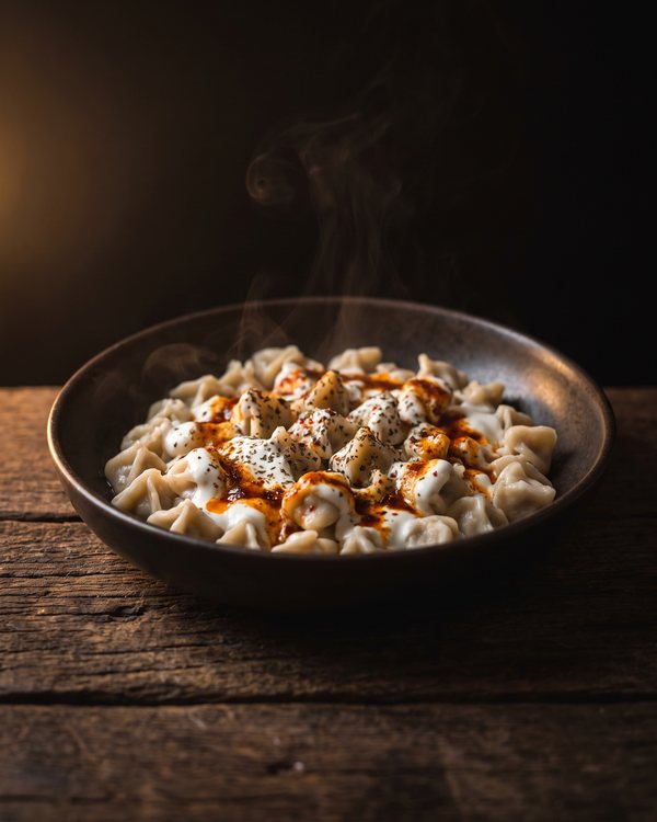 Manti — kleine gefüllte Teigtaschen mit Knoblauch-Joghurt und Tomatenbutter