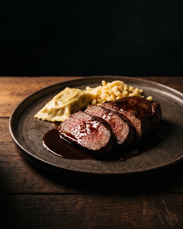 Rostbraten mit Lemberger-Jus, Maultasche und handgeschabten Spätzle