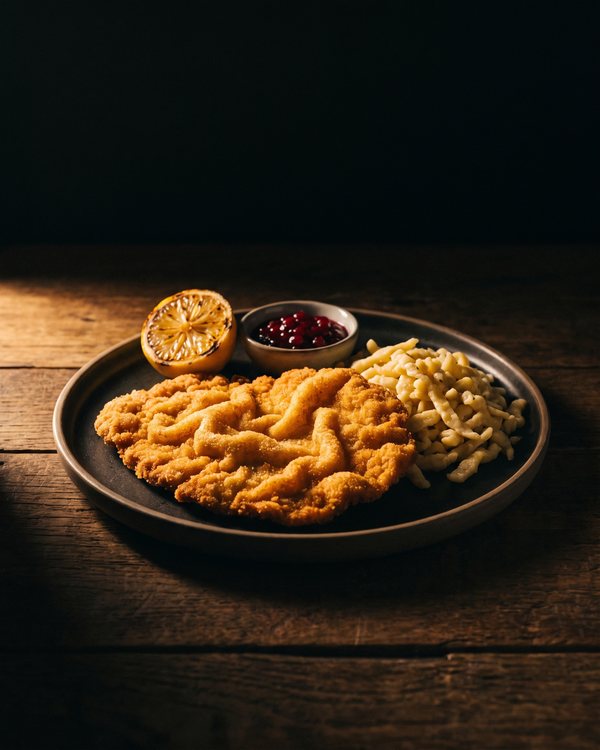 Wiener Schnitzel vom Kalb mit Preiselbeeren und handgeschabten Spätzle