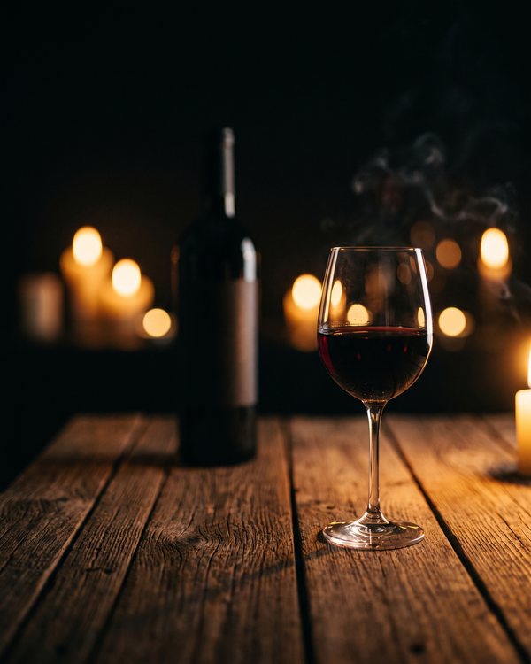 Ein Glas Rotwein im Kerzenlicht auf dem Holztisch im Gastraum
