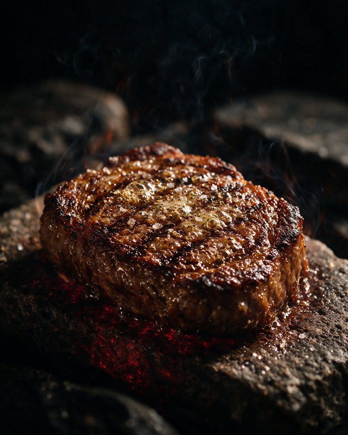 Steak auf dem heißen Stein, Kruste mit grobem Salz